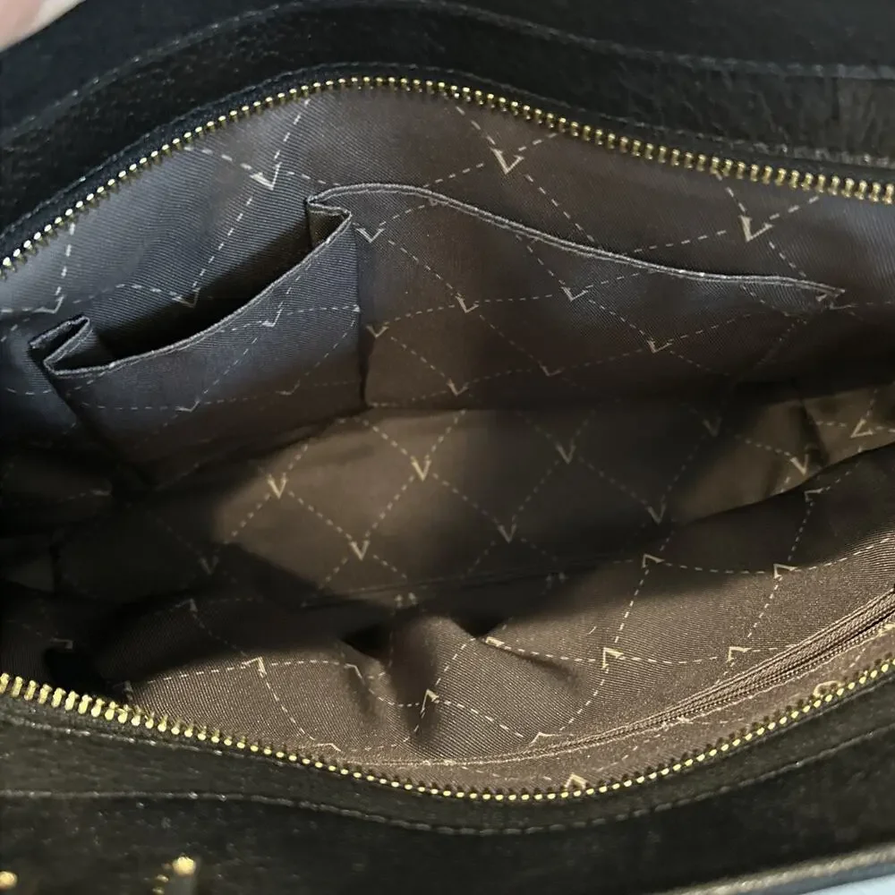 Vince Camuto Black Pebbled Leather Satchel Shoulder Bag with Gold Accents